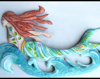 MERMAID ART, Outdoor Metal Wall Art, Mermaid Wall Decor, Painted Metal Art, Mermaid Wall Hanging, Metal Wall Art, Garden Decor - J-476-AQ