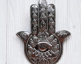 HAMSA WALL ART, 9" x 12", Jewish Wall Hanging- Haitian Steel Drum, Metal Wall Art, Metal Hamsa Wall Decor, Handcrafted Metal Art, Hm-100