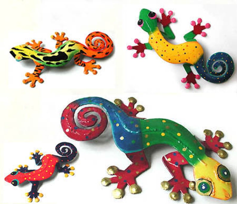 4 Painted Metal Geckos Metal Wall Art Tropical Art Outdoor Etsy