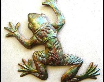 IRIDESCENT METAL FROG, Outdoor Metal Art, Metal Wall Art, Metal Wall Hanging, Tropical Decor, Garden Art. Haitian Art 7702-Ir