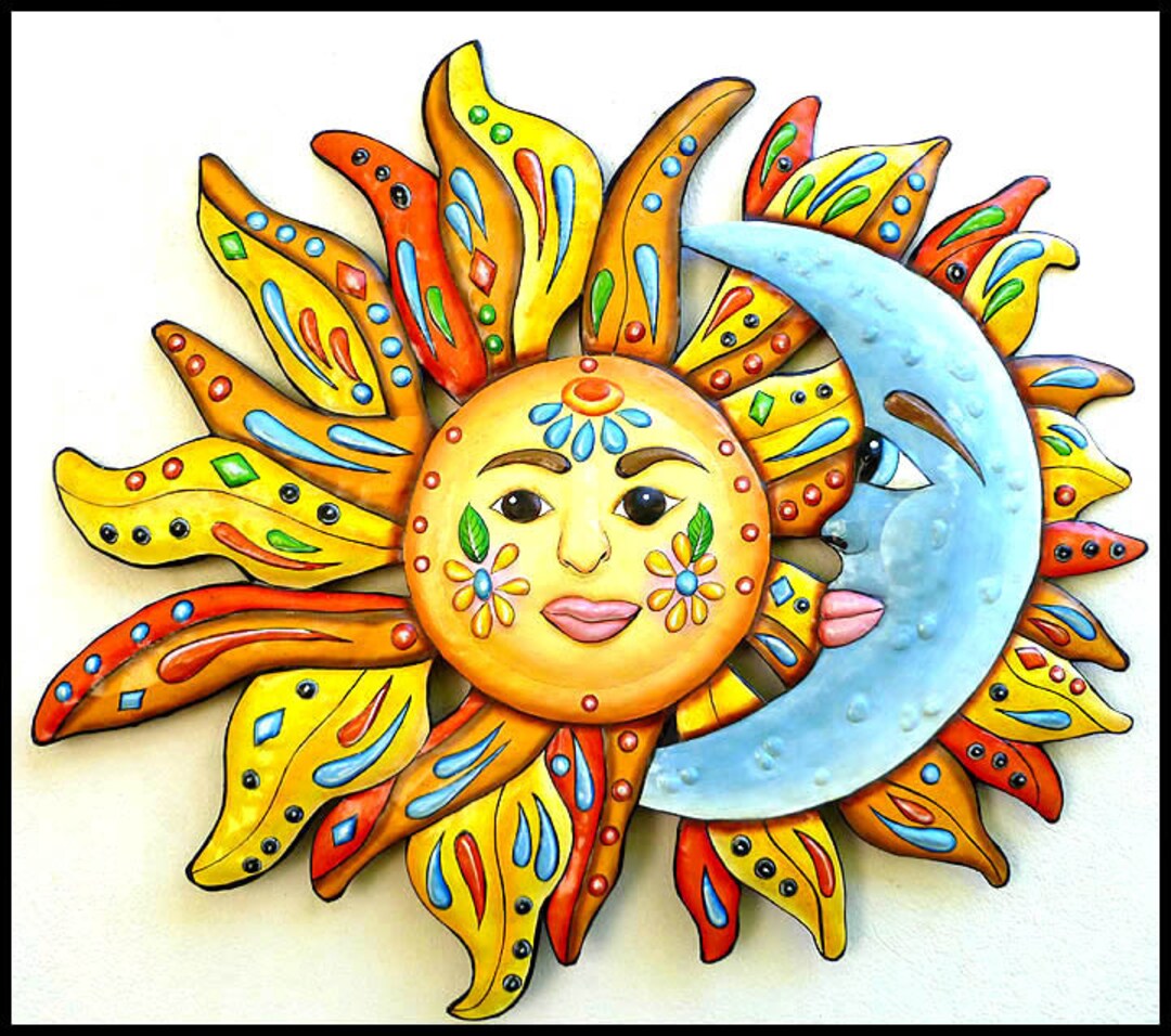 PAINTED METAL SUN & Moon, Outdoor Metal Art, Painted Metal Wall Hanging