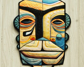 PAINTED METAL MASK,  Metal Art, Wall Art, Abstract Art, Wall Hanging, Haitian Steel Drum, Picasso Art, 15 x 20, Ma-110