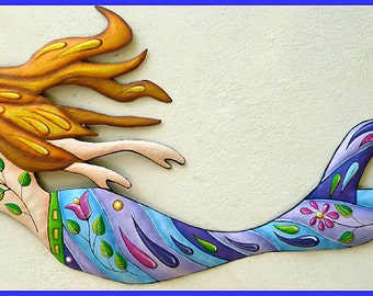 MERMAID WALL ART, 24" or 34" wide, Outdoor Metal Wall Art, Mermaid Wall Decor, Painted Metal Art, Mermaid Wall Hanging, Garden Decor - J-475