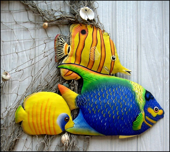 Tropical Fish Garden Art Outdoor Metal Wall Painted Tropical Fish Garden Art Outdoor Metal, Tropical Outdoor Wall Decor