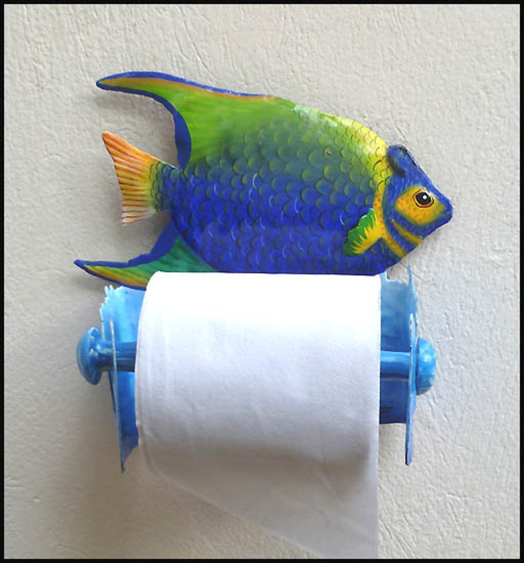 Hand Painted Metal, Tropical Fish, Toilet Paper Holder, Toilet Tissue