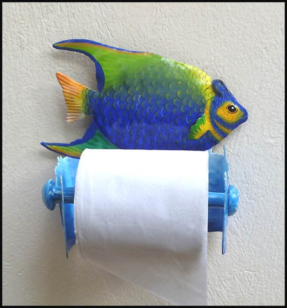 Hand Painted Metal, Tropical Fish, Toilet Paper Holder, Toilet