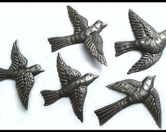 5 METAL BIRDS, Flock of Birds, 7", Bird Wall Hanging- Haitian Steel Drum Art, Metal Wall Art, Metal Wall Decor, Outdoor Metal Art,  B-5-R