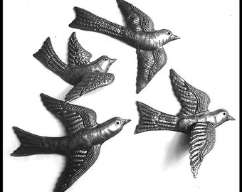 4 METAL BIRDS, Flock of Birds, 7", Bird Wall Hanging- Haitian Steel Drum Art, Metal Wall Art, Metal Wall Decor, Handcrafted Metal Art, B-4-R