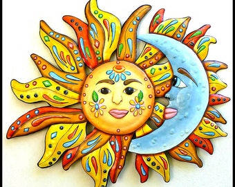 Metal Art Sun & Moon, 21 x 24" or 30 x 34", Patio Decor, Outdoor Metal Art, Painted Metal Wall Hanging, Garden Decor, Metal Wall Art - J-150