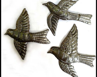 3 Metal Birds, Flock of Birds, 7", Bird Wall Hanging- Haitian Steel Drum Art, Metal Wall Art, Metal Wall Decor, Handcrafted Metal Art, B-3-L