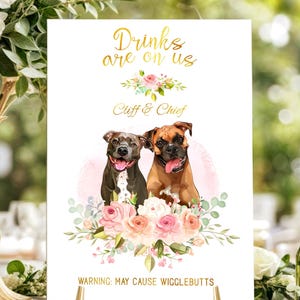 Frühlingshochzeits-Getränkeschild mit Haustieren, Hunde Signature Getränkeschild, Benutzerdefinierte Haustier-Bar-Speisekarte, Blumenhochzeits-Barschild, Gartenhochzeit Beschilderung