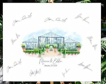 Wedding guest book idea Save the date venue sketch Destination wedding venue watercolor Wedding venue portrait Planterra Conservatory