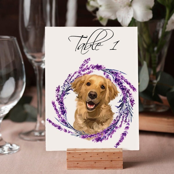 Wedding table number signs with dog Lavender wedding decor Printable wedding signs Lavender bouquet