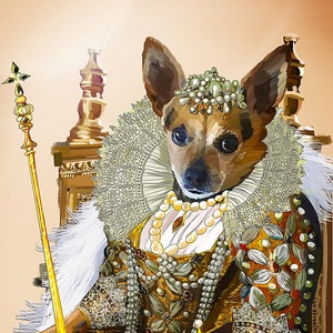 May include: A small brown and white dog dressed as a queen, wearing a gold crown, a pearl necklace, and a white lace collar. The dog is sitting on a gold throne with a scepter in its paw.
