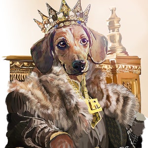 May include: A brown and tan dachshund dog wearing a gold crown and a fur-trimmed robe sits on a gold throne. The dog has a gold chain with a letter 'R' pendant around its neck.