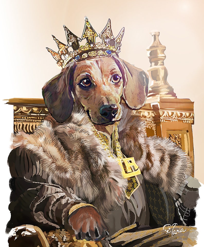 May include: A brown and tan dachshund dog wearing a gold crown and a fur-trimmed robe sits on a gold throne. The dog has a gold chain with a letter 'R' pendant around its neck.