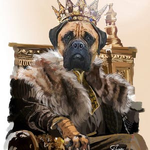 May include: A brown and tan dog wearing a gold crown and a brown fur-trimmed robe sits on a gold throne. The dog has a serious expression on its face.