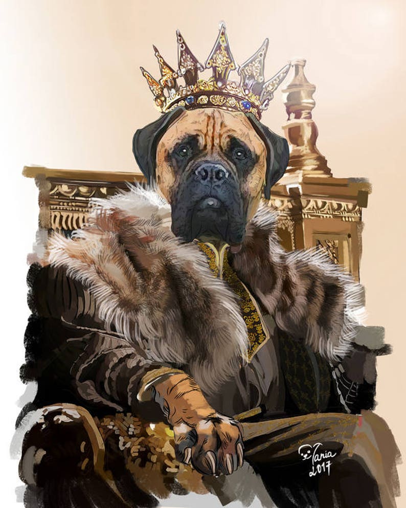 May include: A brown and tan dog wearing a gold crown and a brown fur-trimmed robe sits on a gold throne. The dog has a serious expression on its face.