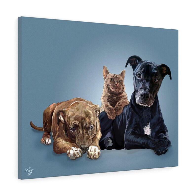 May include: A canvas print featuring a portrait of three pets: a brown dog, a tabby cat, and a black dog. The pets are painted against a blue background. The artist's signature and the year 2018 are in the lower left corner.
