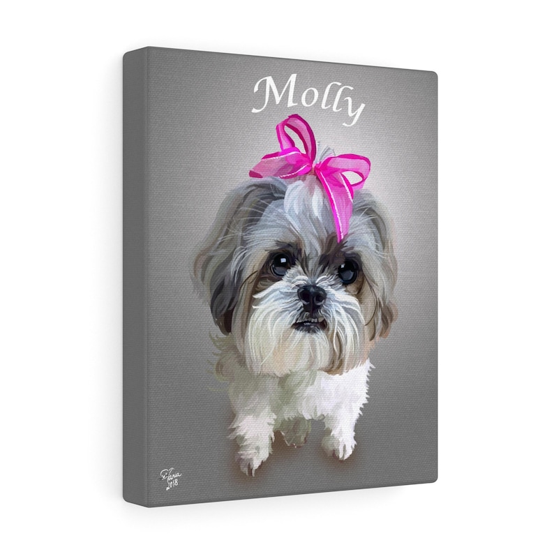 May include: Canvas print featuring a portrait of a Shih Tzu dog named Molly. The dog has gray and white fur, a pink bow, and is set against a gray background. The print is signed and dated 2018.