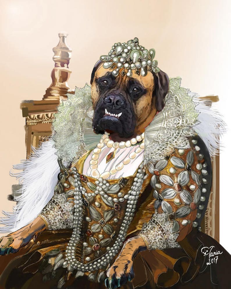May include: A brown and black dog wearing a gold and white jeweled crown and a gold and white dress with a pearl necklace. The dog is sitting on a gold throne.