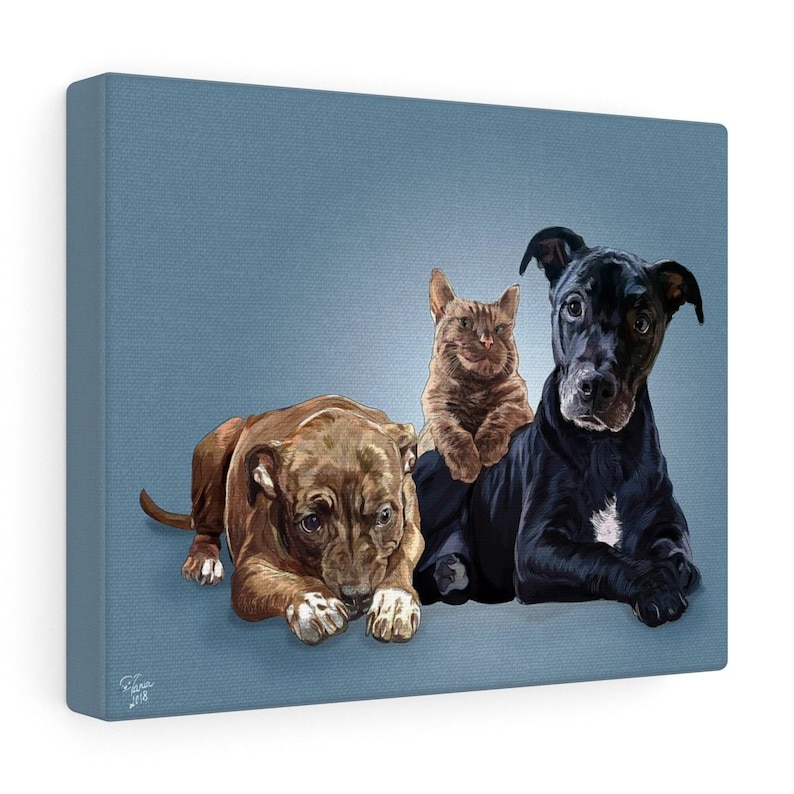 May include: Canvas art print featuring a brown dog, a tabby cat, and a black dog, all resting on a light blue background. The artwork has a painterly style, with visible brushstrokes and soft shading. The animals are depicted in a relaxed pose.