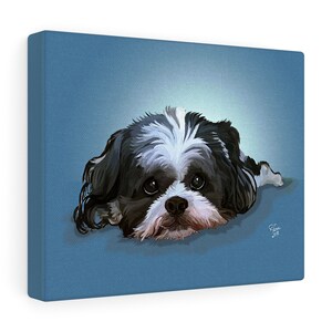 May include: Canvas art print of a dog with black and white fur, lying down on a blue background. The dog has a white patch on its head and a fluffy white and brown muzzle. The artwork is signed in the bottom right corner.