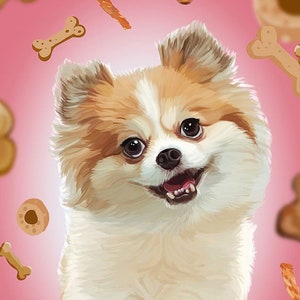 May include: A small, fluffy, white and brown dog with a happy expression. The dog is surrounded by dog treats in the shape of bones and circles. The background is a light pink colour.