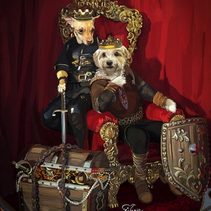 May include: Two dogs dressed as royalty sit on a throne. The dog on the left is wearing a black and gold suit with a sword and a crown. The dog on the right is wearing a brown and gold suit with a crown and a shield. A wooden treasure chest with gold coins and pearls is in the foreground.