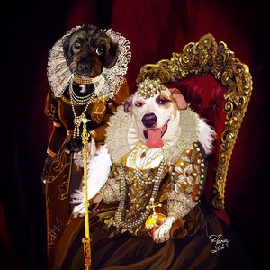 May include: Two dogs dressed in elaborate gold and brown costumes with pearl necklaces and crowns. The dog on the left is wearing a white lace collar and holding a golden scepter. The dog on the right is sitting on a red velvet throne with gold trim. The background is a dark red.