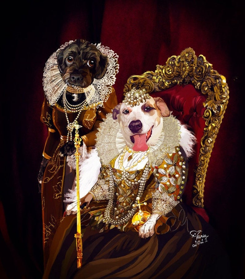May include: Two dogs dressed in elaborate gold and brown costumes with pearl necklaces and crowns. The dog on the left is wearing a white lace collar and holding a golden scepter. The dog on the right is sitting on a red velvet throne with gold trim. The background is a dark red.