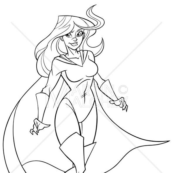 Superheroine Flying 5 Line Art Vector Illustration woman, cape, superheroine, super, heroine, power, hero, superhero, flying, powerful
