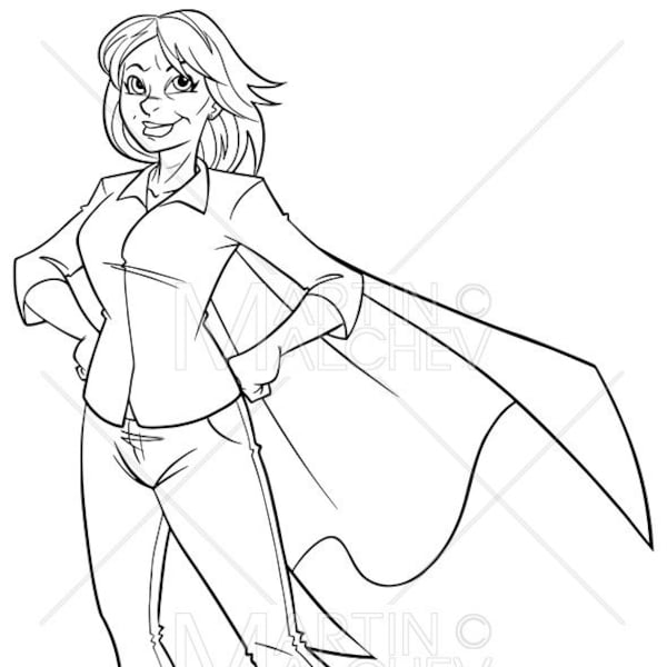 Super Grandma Line Art Vector Illustration woman, hero, cape, superheroine, heroine, super, grandma, grandmother, superhero, cartoon,