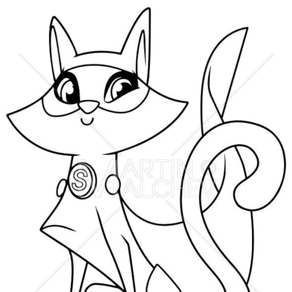 Super Cat Sitting Line Art Vector Illustration cape, hero, cat, superheroine, superhero, super, cartoon, pet, character, coloring, book,