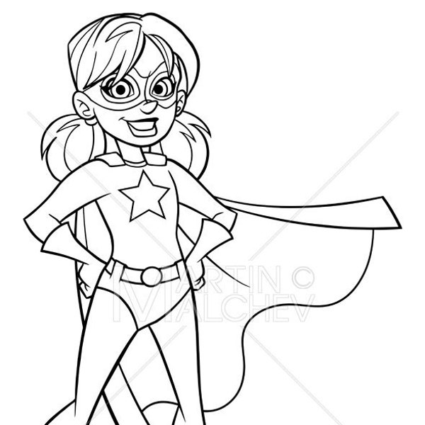 Super Girl Line Art Vector Illustration hero, super, girl, heroine, superheroine, child, power, powerful, energy, superhero, cape, costume,