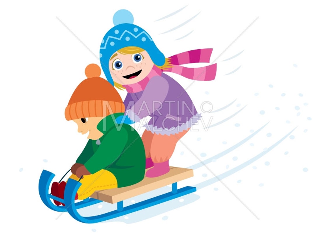 Tobogganing Vector Cartoon Illustration. Sled, Sliding, Child, Children