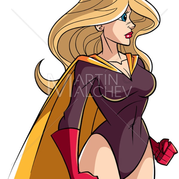 Superheroine Side Profile - Vector Cartoon Illustration. woman, heroine, cape, super, character, power, powerful, determination, girl,