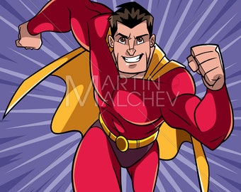 Superhero Running - Vector Cartoon Illustration. man, hero, cape, superhero, super, running, fast, protection, muscles, muscular, costume,