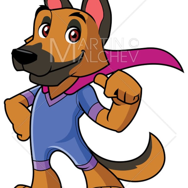 Super perro mascota Vector Ilustración capa, traje, héroe, perro, superhéroe, super, mascota, dibujos animados, mascota, energía, canino, animal, lindo, divertido