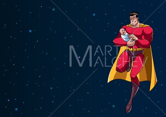 Super Papa Con Bebe En El Espacio Ilustracion De Dibujos Etsy