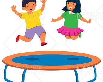 Jumping on Trampoline Vector Illustration child, person, kid, fun, trampoline, girl, boy, happy, childhood, sport, jumping, joy, jump,