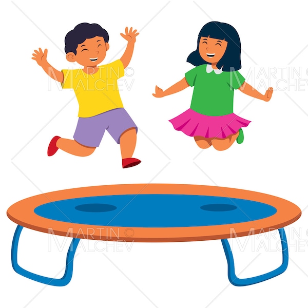 Jumping on Trampoline Vector Illustration child, person, kid, fun, trampoline, girl, boy, happy, childhood, sport, jumping, joy, jump,