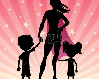 Super Mama - Vektor-Cartoon-Illustration. Mutter, Mama, Mama, super, Held, Heldin, Frau, Superheld, Superheldin, Mädchen, junge, Kind, Familie