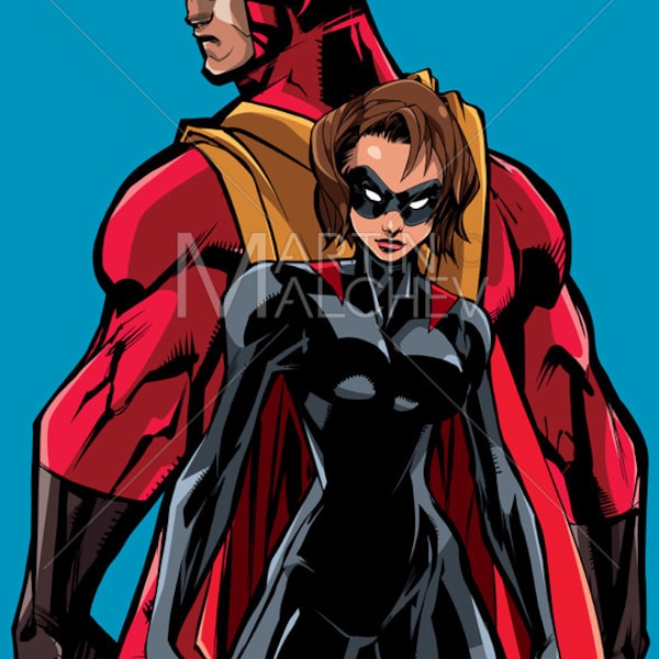 Superhero Couple Back to Back - Vector Illustration. man, woman, hero, super, family, heroine, superheroine, cape, love, together, battle