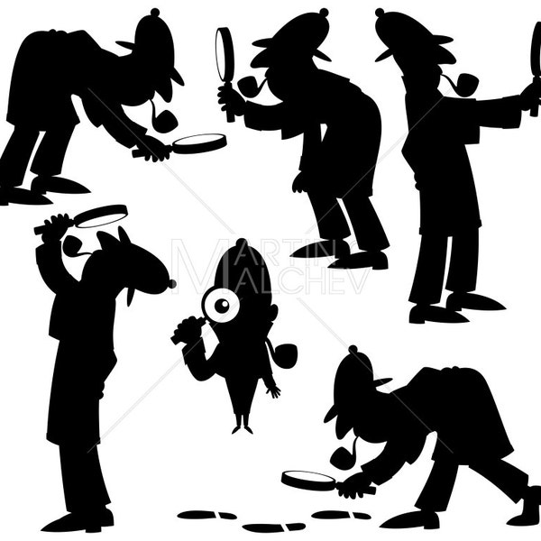 Detective Silhouettes - Vector Cartoon Illustration. investigator, sleuth, private eye, Sherlock Holmes, police, officer, inspector, set,