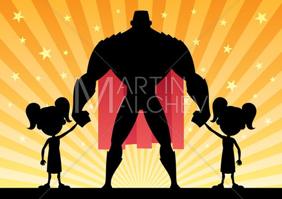 Download Super Dad 2 Twin Girls Vector Cartoon Clipart Illustration. | Etsy