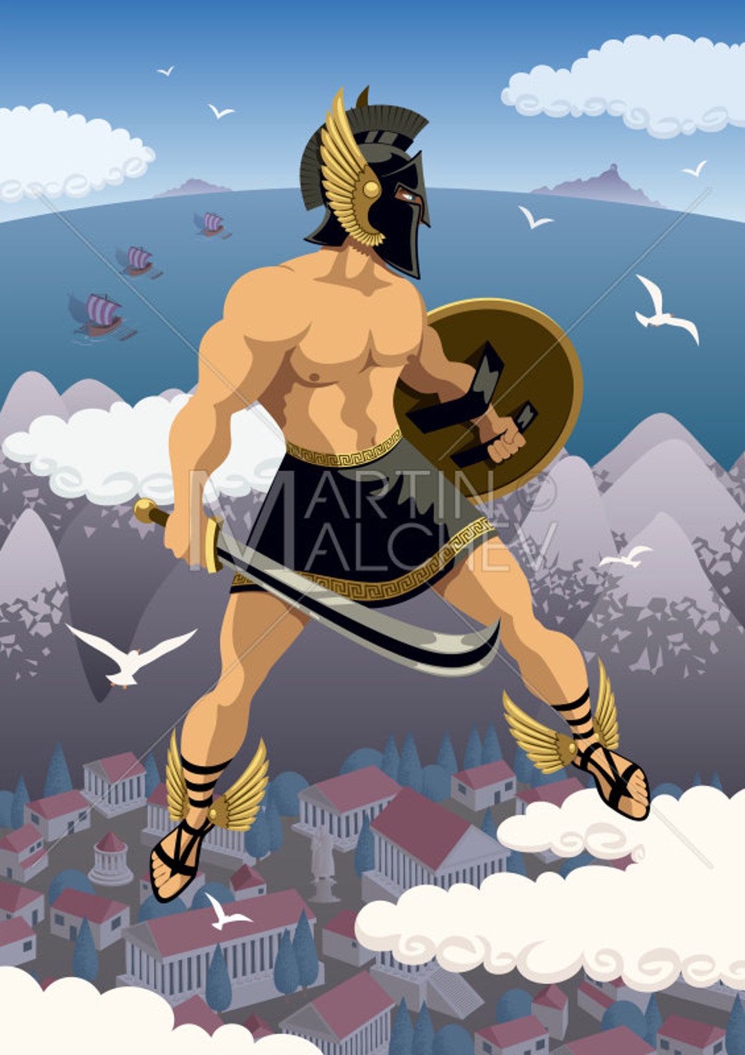Perseus Ilustración de dibujos animados vectoriales. héroe, guerrero, soldado, griego, romano