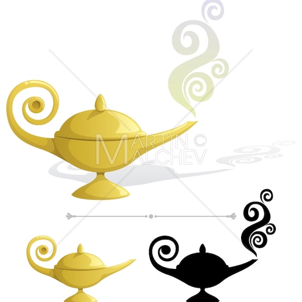 Magic Lamp - Vector Cartoon Illustration. oil lamp, silhouette, Aladdin, genie, wish, wishing, smoke, fairy tale, fantasy, Arabian Nights