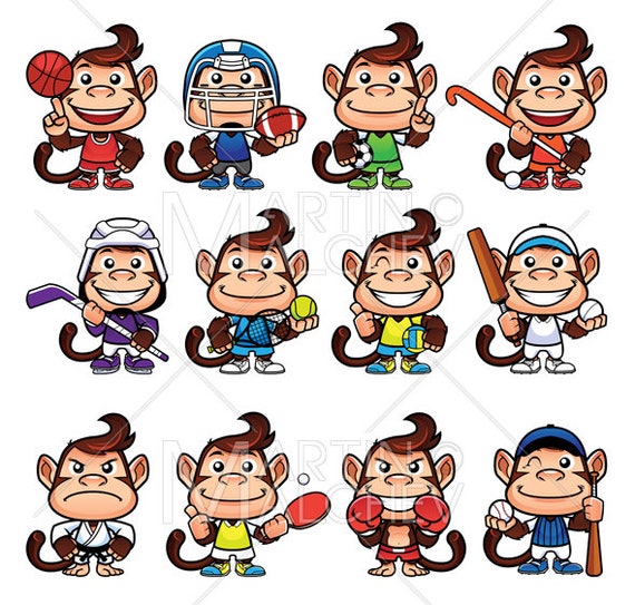 Monkey Sports Set Vector Illustration Cartoon Set Mascot Etsy