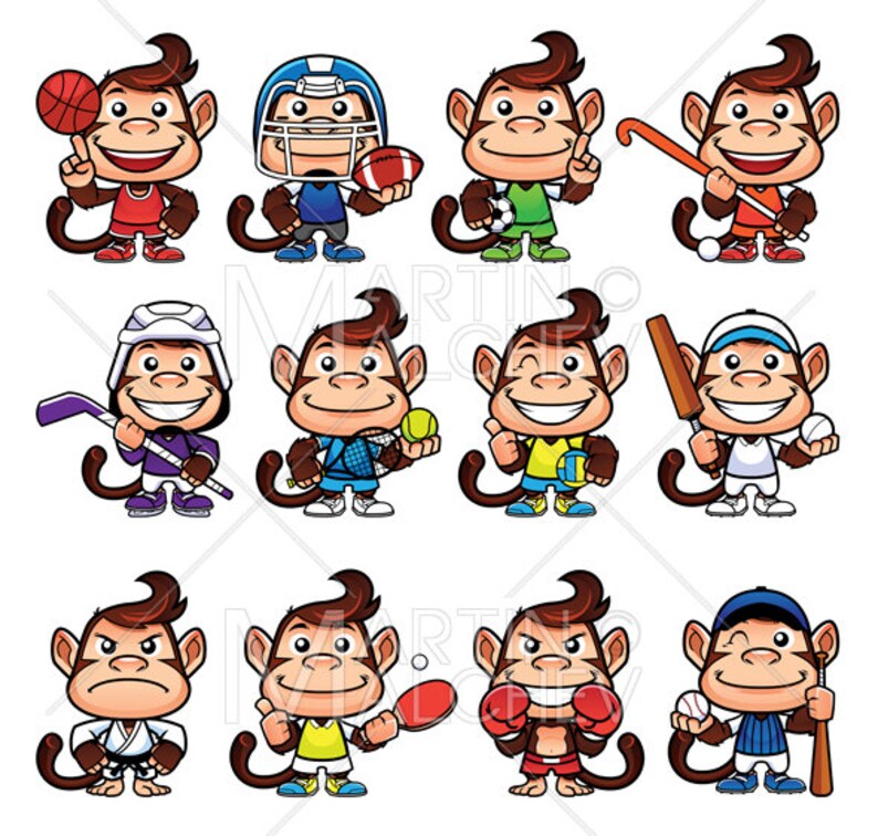Monkey Sports Set Vector Illustration. Cartoon, Set, Mascot, Symbol